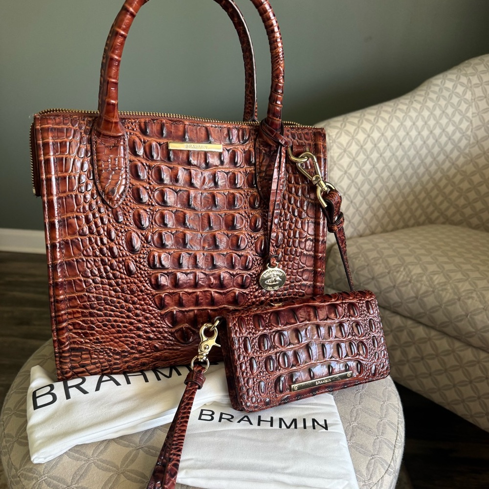 Brahmin Caroline Pecan Melbourne Genuine Leather Tote & Matching Wristlet/Wallet
